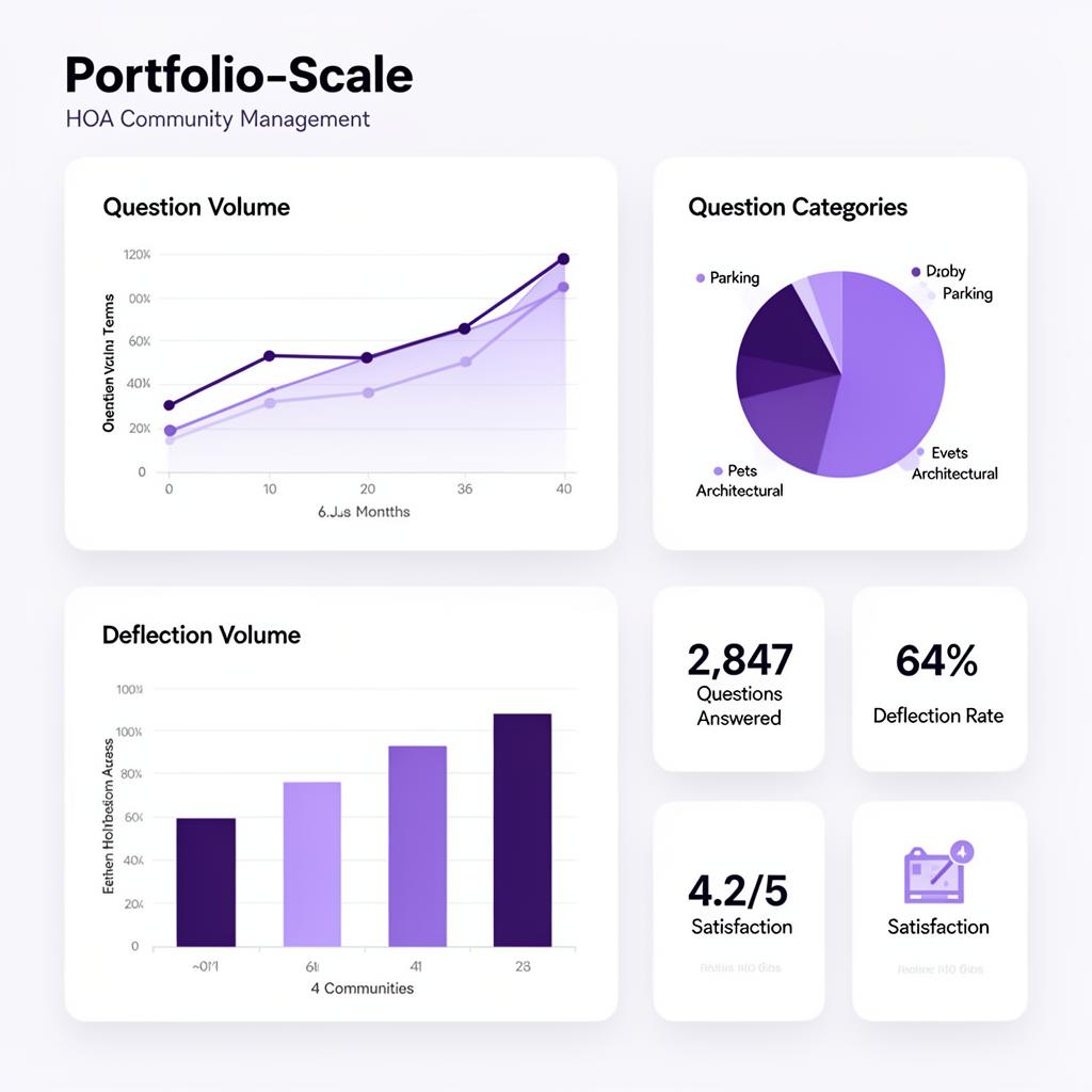 Melo analytics dashboard showing question volume trends, deflection rates, and topic breakdowns across communities